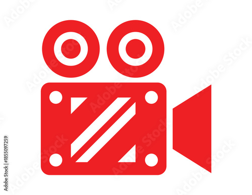 Film camera icon vector with red geometric design, minimalist media symbol, triangular lens and reel elements
