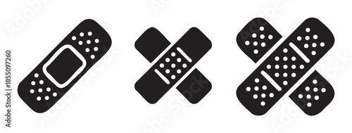 Three adhesive bandages icons representing first aid, wound care, and medical treatment, displayed as simple black symbols for health and injury concepts.