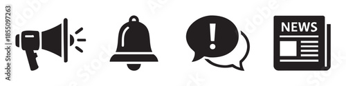 Megaphone, bell, speech bubble, newspaper, alert icons representing important announcements, digital notifications, and breaking news updates for various media platforms.