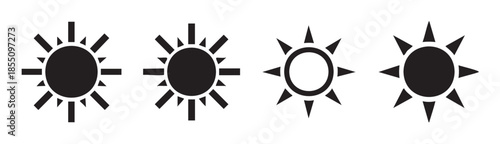 Sun icons set of four different styles representing weather and light, perfect for user interfaces, web design, and graphic applications.