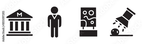 Collection of museum, person, art, and donation icons are presented as a simple black and white graphic illustration for various design purposes.