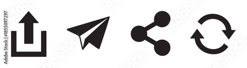 Digital interface icons representing common online actions and functions such as upload, send, share, and refresh for modern web and app design.