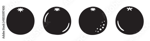 Four stylized black olives with various highlights and textures are arranged in a horizontal row, creating a simple and modern graphic design element.