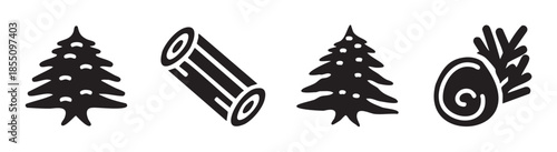 Winter forest elements icons set featuring stylized pine trees, a wooden log, and a cinnamon stick, perfect for festive holiday designs and natural themes.