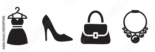 Elegant fashion accessories icons set featuring a stylish dress on a hanger, a high heel shoe, a handbag, and a beautiful necklace.