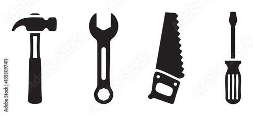 Four essential hand tools for construction and repair work, including a hammer, wrench, saw, and screwdriver, presented as simple black icons.