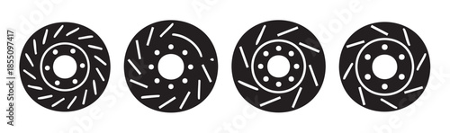 Automotive brake discs vector icons set illustrating various styles of ventilated rotors for vehicle maintenance and performance upgrades.