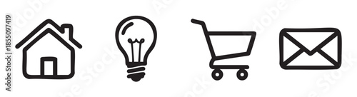 Home light bulb shopping cart envelope icons represent essential digital services and concepts for modern web design and user interfaces.