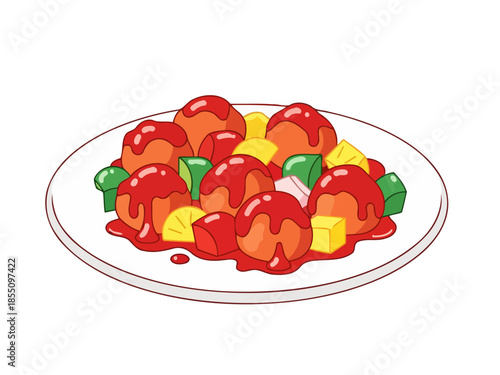 Sweet and Sour Meatballs with Pineapple and Peppers on a Plate