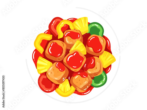 Sweet and Sour Fried Meatballs with Peppers and Pineapple on a Plate