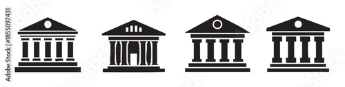 Building icons representing various institutions with classical architectural elements like pillars and pediments, suitable for financial, legal, or educational themes.