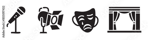 Theater performance icons set featuring a microphone, spotlight, tragedy mask, and stage curtains, representing drama and entertainment.