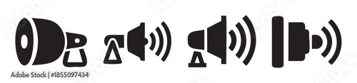 Sound icons and volume symbols illustrate different audio levels, representing communication, alerts, and multimedia functions in a clean, minimalist vector design.