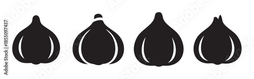 Four stylized black garlic cloves vector icons arranged horizontally, representing cooking ingredients or food elements in a simple graphic design.