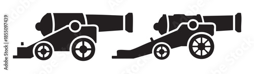 Two black silhouette cannons on wheeled carriages represent historical warfare, military power, and ancient weaponry in a simple graphic illustration.