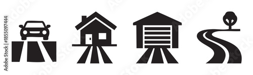 Car house garage road tree icons set representing various aspects of property, travel, and infrastructure in a simple graphic style.