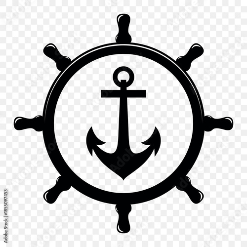 Vector Vintage Anchor and Ship Wheel. Nautical Marine Helm Icon, Retro Captain Tattoo Design, Sailing Club Logo, Maritime Adventure Emblem, Sea Navigation Symbol, Classic Ship Wheel Silhouette