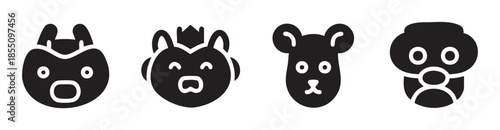 Four cartoon animal heads and faces with various expressions and features, presented as simple black and white graphic icons for avatars or design elements.