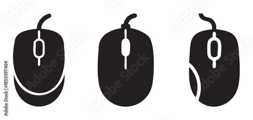 Three computer mouse icons in a sleek black silhouette style, illustrating essential digital technology and user interface tools for modern computing devices.