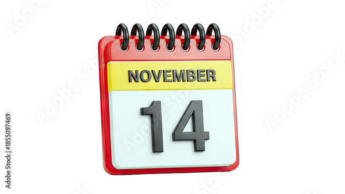 3D November 14th Calendar Page on transparent background