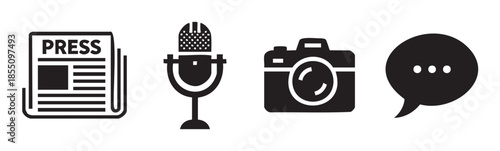 Press newspaper microphone camera speech bubble icons represent essential tools and symbols for journalism, media, communication, and public information dissemination in a digital age.