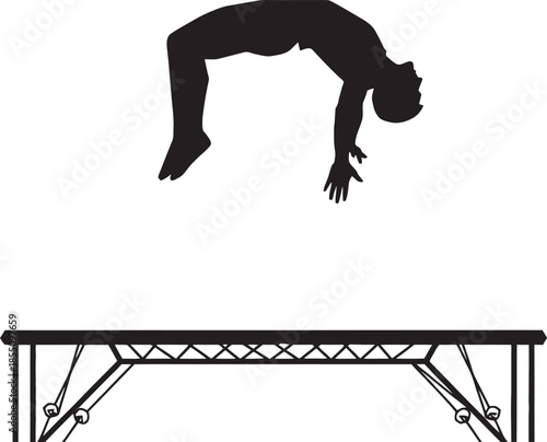 Black silhouette of an athlete performing a front flip over a trampoline. This minimalist vector graphic captures the power and precision of acrobatic training, aerial gymnastics, and sports.