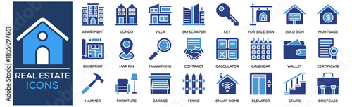 Real Estate Icon Collection Set. Containing Design House, Apartment, Condo, Villa, Skyscraper
