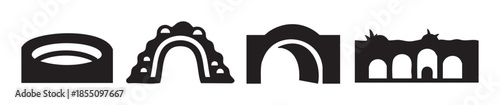 Four distinct archways silhouettes represent various architectural structures and designs, showcasing different forms and styles in a minimalist graphic illustration.