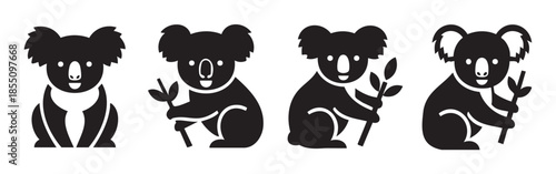 Four cute koala icons sitting and holding eucalyptus branches, depicted in a minimalist black and white graphic illustration style, perfect for various design projects.