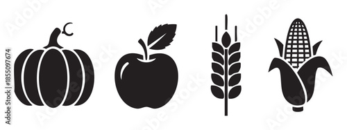 Harvest symbols set featuring a pumpkin, apple, wheat, and corn, representing autumn abundance, healthy food, and agricultural bounty in a simple black silhouette design.