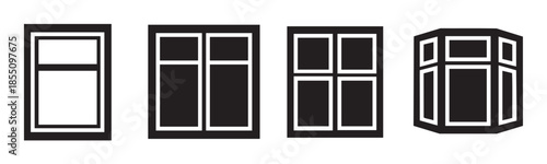 Various window frames and architectural elements are depicted in a collection of black and white graphic icons, representing different styles and designs for residential or commercial buildings.