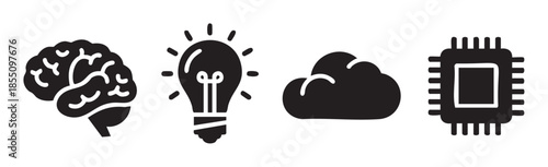Brain light bulb cloud microchip icons symbolize intelligence, innovation, and digital technology concepts, representing various aspects of modern thought and computing.