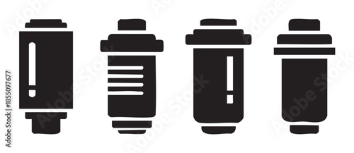 Four water filter cartridges or elements are depicted as black silhouette icons, illustrating various designs for purification systems.