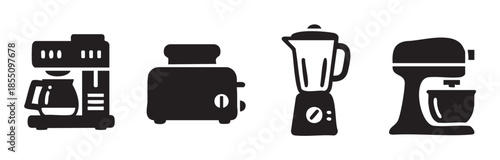 Four common kitchen appliances icons set featuring a coffee maker, toaster, blender, and stand mixer, representing essential household electronics for daily use.