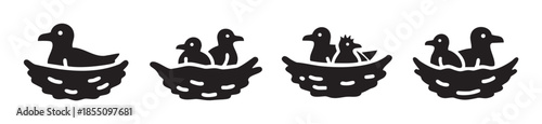 Black silhouette birds in nests illustration set depicting various family sizes and stages of growth, from a single bird to multiple chicks.