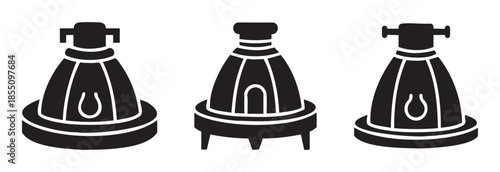 Three black silhouette space capsules are depicted as simple icons with varying designs, representing different types of spacecraft or exploration modules for science and technology concepts.