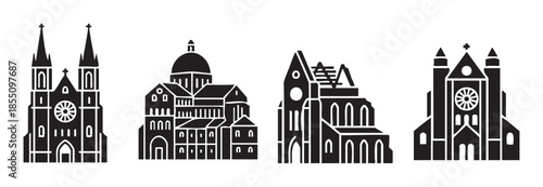 Four distinct church building icons representing various architectural styles and historical religious structures in a minimalist black silhouette design.