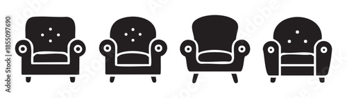 Four black armchair sofa icons showcase different comfortable seating furniture styles, perfect for interior design and home decor concepts.