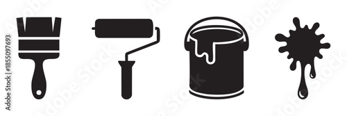 Paint brush roller can splash icons set for home renovation projects and artistic creativity, representing various tools and effects.