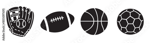 Various sports equipment balls and a baseball glove are displayed in a clean, minimalist black and white icon set, representing popular athletic activities.