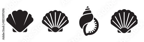 Various black silhouette seashells and conch shell icons representing ocean life, summer, beach, and marine themes for design elements and decorative purposes.