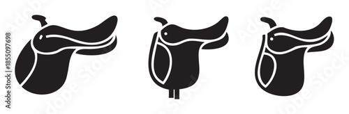Three black horse saddles are depicted as simple graphic icons, representing equestrian sports, riding, and western themes in a clean, minimalist style.
