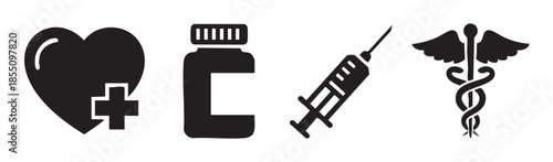 Heart, pill bottle, syringe, and Caduceus symbols are presented as a collection of essential healthcare and medical icons in a clean, minimalist vector style.