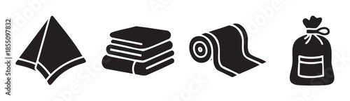 Various laundry items and textile products are displayed as simple black and white icons, representing cleaning, hygiene, and household essentials.