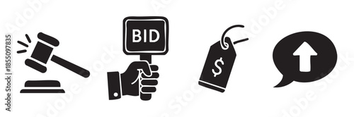 Auction gavel bid sign price tag and upward arrow icons illustrate the competitive dynamics of bidding, pricing, and increasing value in a marketplace.