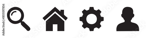 Magnifying glass, house, gear, and user icons representing essential functions for navigation, settings, and profile management in digital interfaces.
