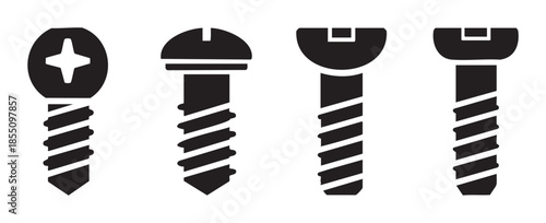 Four different types of screws with various head designs represent essential fasteners for construction, woodworking, and repair projects.
