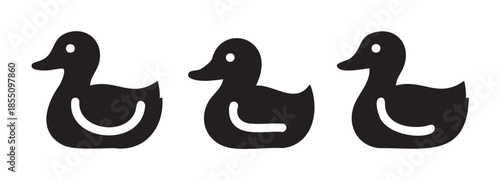Three black duck silhouettes with simple design are lined up in a row, creating a minimalist and playful icon suitable for various graphic applications.