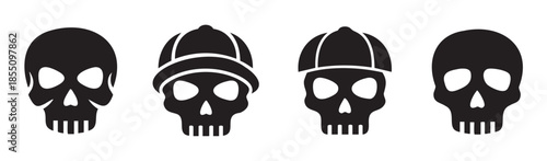 Four black skull icons with and without hats presented in a simple graphic vector illustration style, suitable for various design projects.