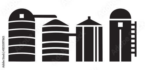 Farm silos and grain storage tanks vector illustration set depicting agricultural industry, food production, and rural farm architecture.